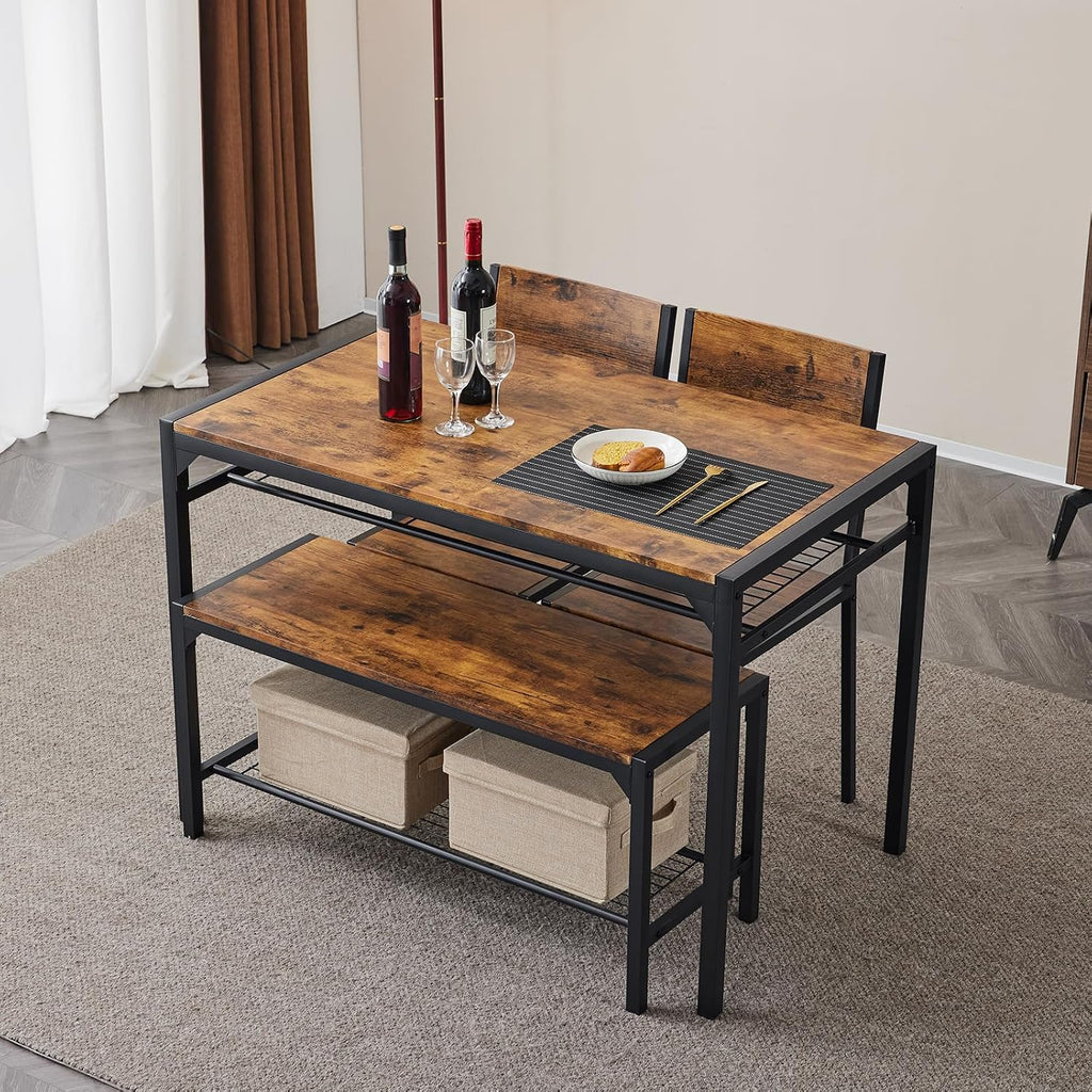 Karl home 4-Piece Dining Table Set for 4, Modern Kitchen Table Chairs Set for Small Space,Apartment, Storage Rack, Rectangular Table, Bench, 2 Chairs, Metal Frame-Retro Brown