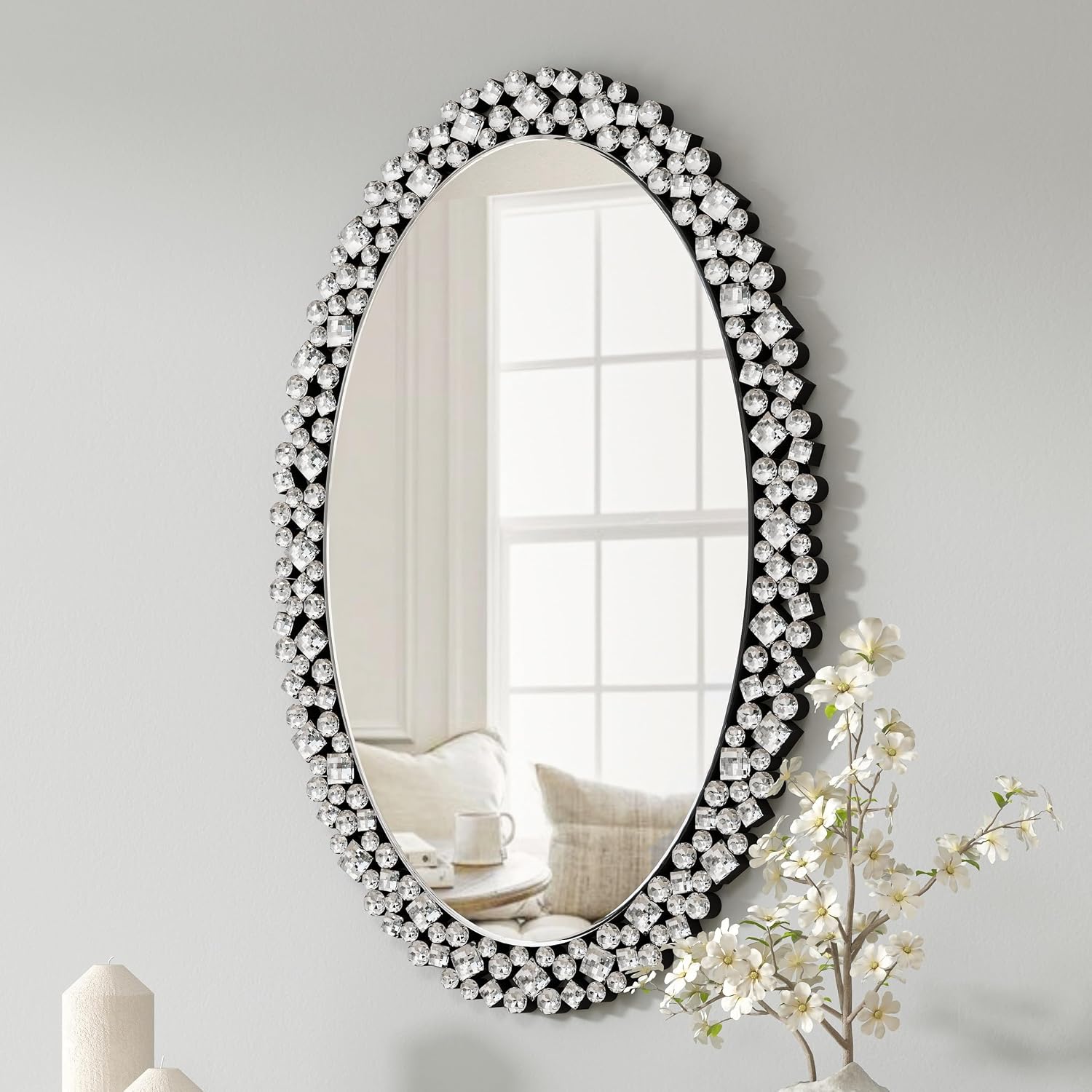 SHYFOY Oval Wall Mirrors Decorative, 23.6x35.4 Ornate Accent Mirror Crystal Frameless Mirror Jeweled Mirrors for Living Room Bedroom Entryway Wall Decor