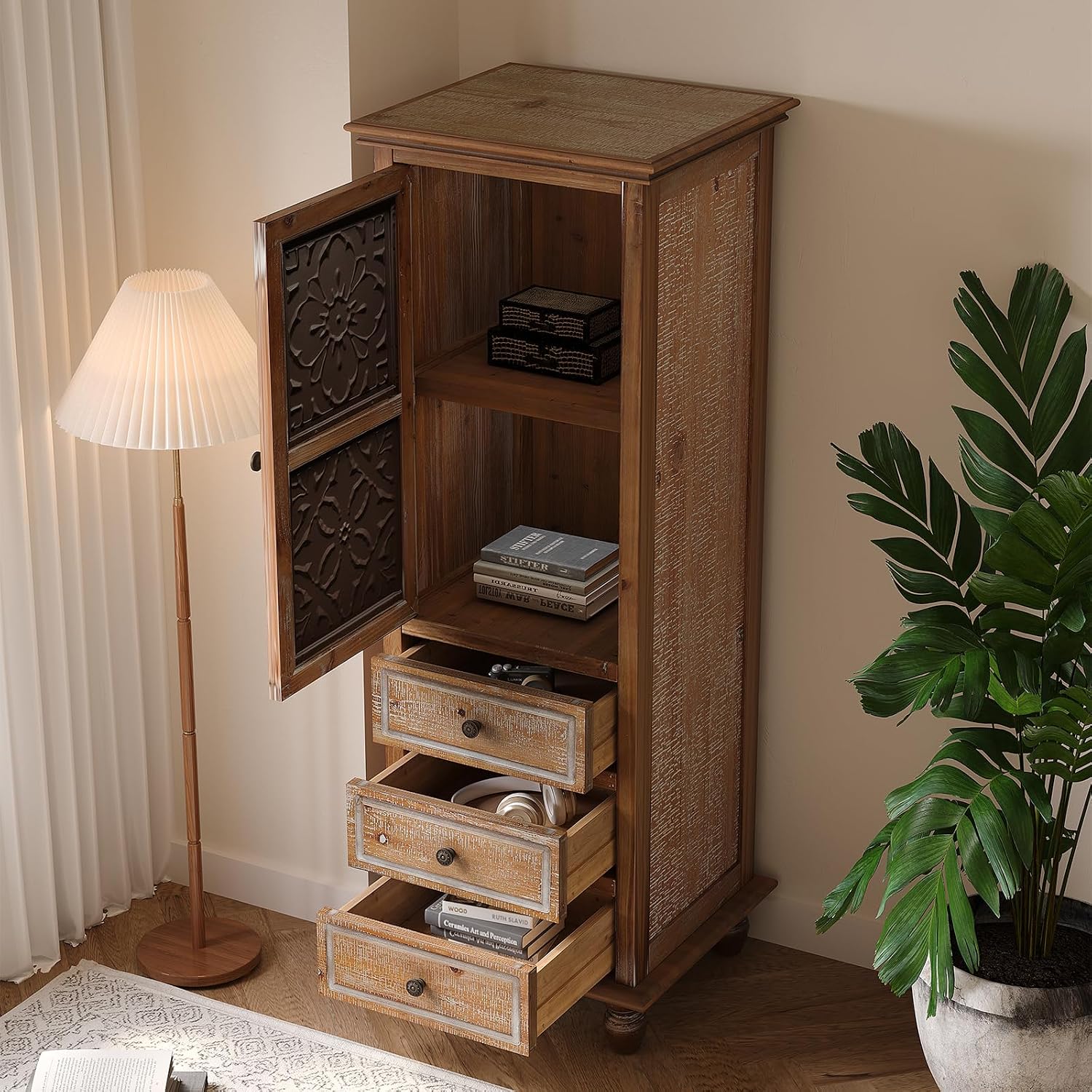 LKTART Solid Wood Accent Storage Cabinet with Carved Doors,54' Tall Thin Storage Cabinet with Drawers for Entryway,Kitchen,Living Room