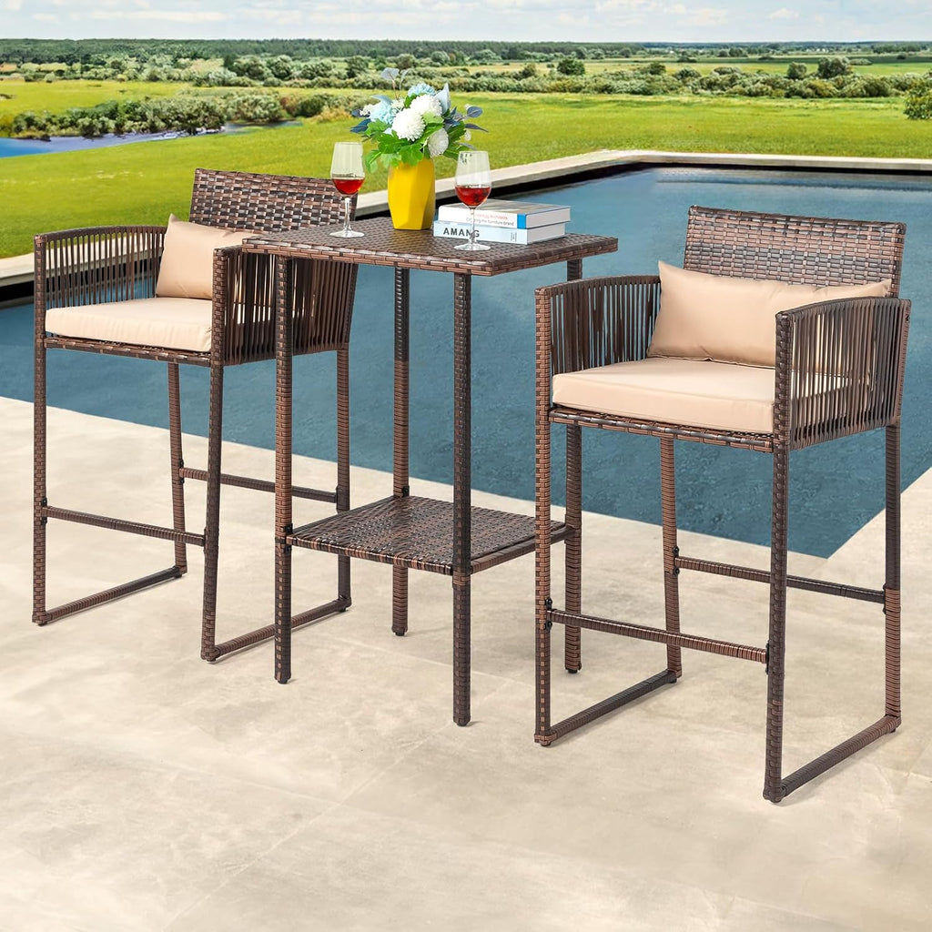 VINGLI 3 PCS Patio Bar Set Wicker, Outdoor Bar Table and Bar Stools with Storage Shelf and Cushions, Bar Height Outdoor Table and Chairs Wicker Furniture