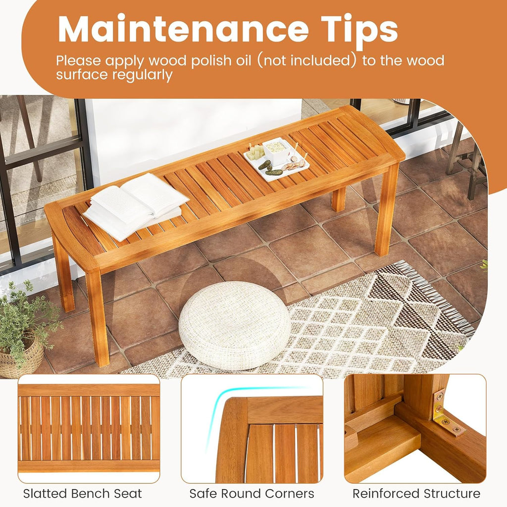 Tangkula 3 Piece Acacia Wood Patio Dining Table Set, 63' Large Patio Table & 2 Backless Benches w/Umbrella Hole, Farmhouse Indoor Outdoor Diner Furniture for Garden Poolside Deck Kitchen
