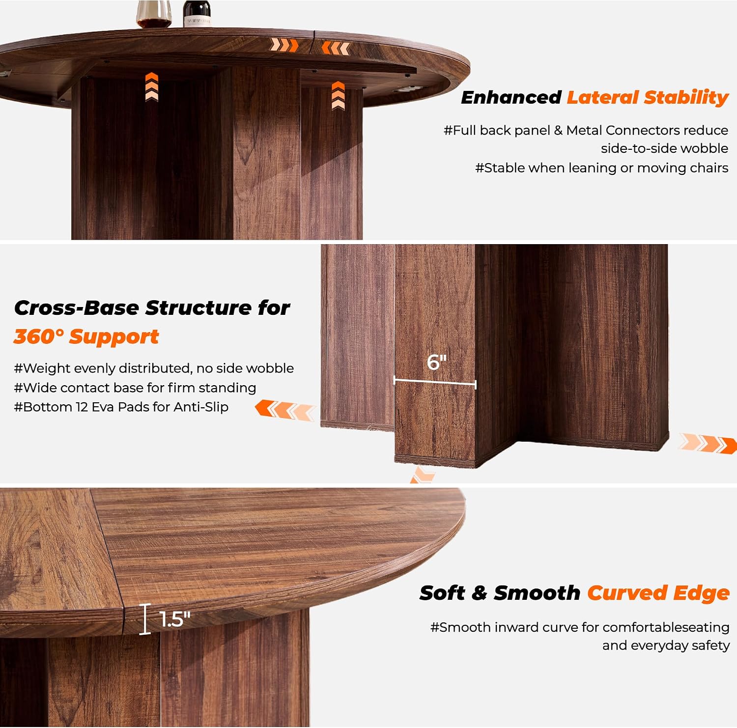 RedLemon Round Dining Table for 4 People, 47' Modern Wood Kitchen Table with Thick Stable Cross Pedestal Base & Curved Edge, Round Dinner Table for Dining Room, Kitchen (Rustic Walnut)