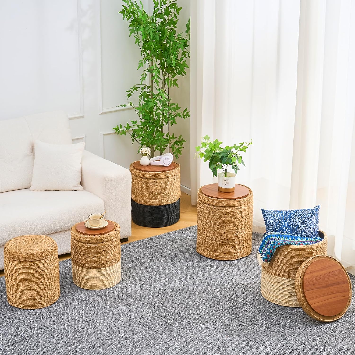 Wimarsbon Round Pouf Ottomans, Handwoven Natural Water Hyacinth Seagrass Pouffe,Outdoor Rattan Stool Accent Seat, Bohemian Coastal Home Decor (Cattail Nested Set-Black)