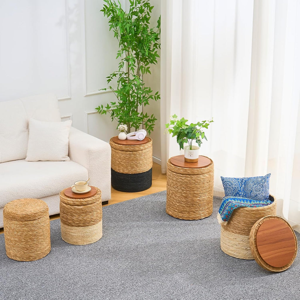 Wimarsbon Round Pouf Ottomans, Handwoven Natural Water Hyacinth Seagrass Pouffe,Outdoor Rattan Stool Accent Seat, Bohemian Coastal Home Decor (Cattail Nested Set-White)