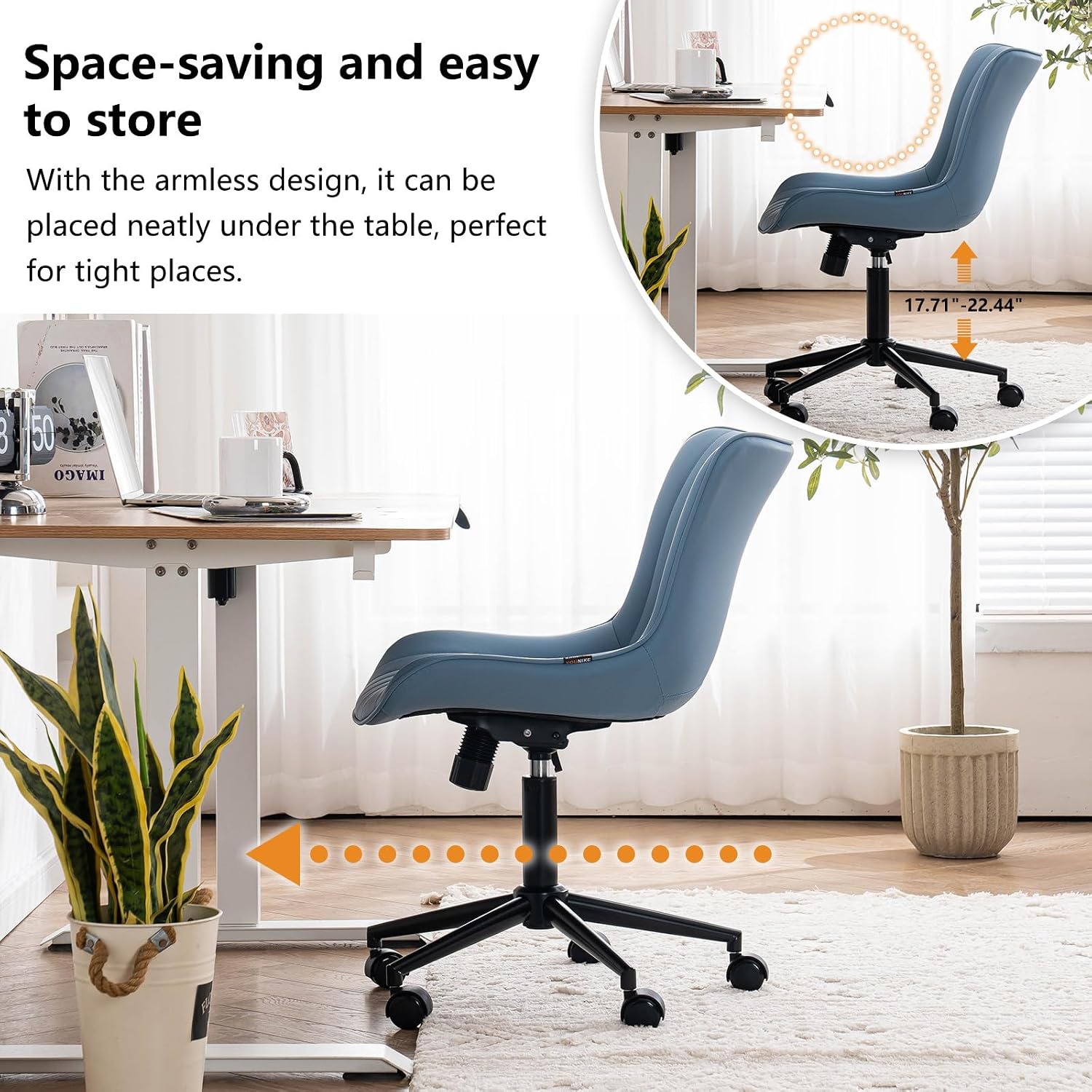 YOUNIKE Blue Office Desk Chair with Wheels Comfy Armless Vanity Chair with Back Modern Small Faux Leather Upholstered Rolling Task Chair Cute Computer Drafting Sewing Chair Swivel Adjustable Compact