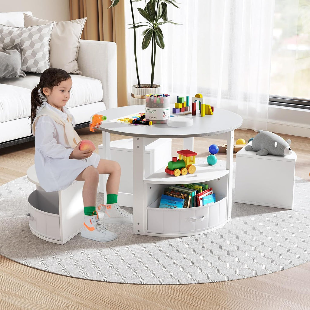 HONEY JOY Kids Table and Chair Set, Children Activity Play Table with 4 Storage Stools for Art Craft, Nesting Design Toddler Table and Chair Set for Playroom, Daycare, Gift for Boys Girls (Grey)