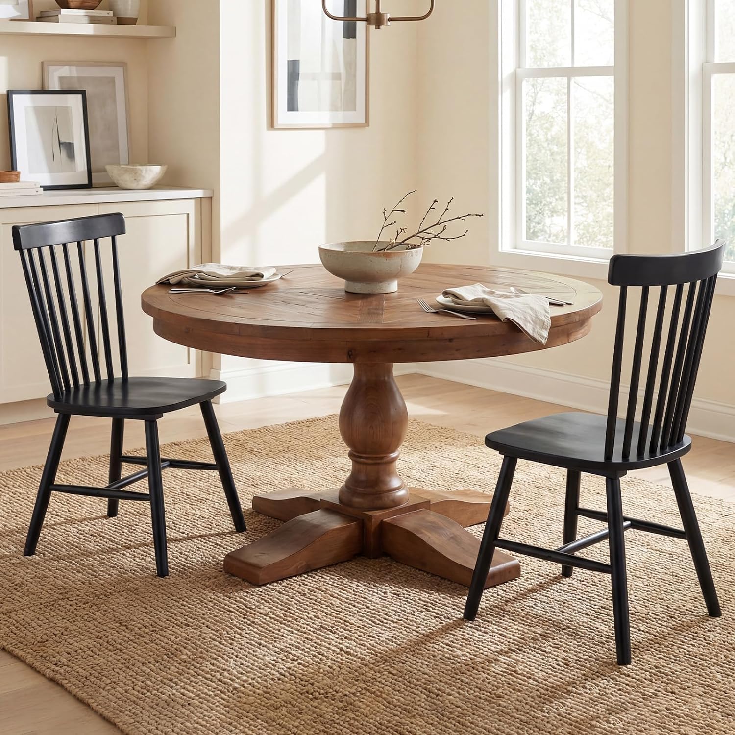60' Round Dining Table, Reclaimed Wood Kitchen Table for 6-8, Farmhouse Circle Kitchen Table with Pedestal Curved Leg for Kitchen Dining Room Restaurant - Walnut