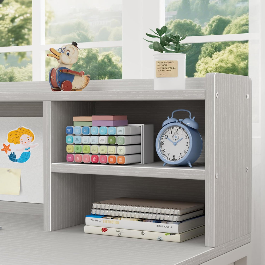 BOLUO Grey Kids Desk and Chair Set with Hutch and Storage Shelf for 6-12 Year Old, Children Study Desk, Student Writing Table with Fabric Drawer for Girls Boys