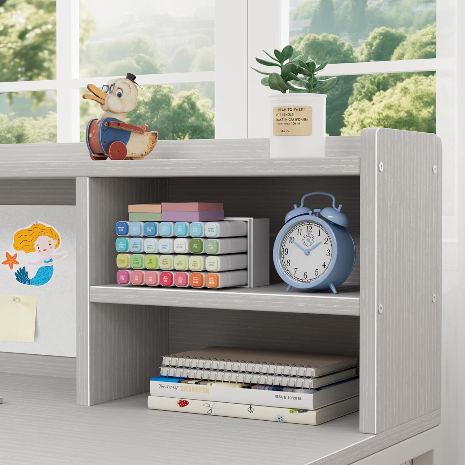 BOLUO Grey Kids Desk and Chair Set with Hutch and Storage Shelf for 6-12 Year Old, Children Study Desk, Student Writing Table with Fabric Drawer for Girls Boys