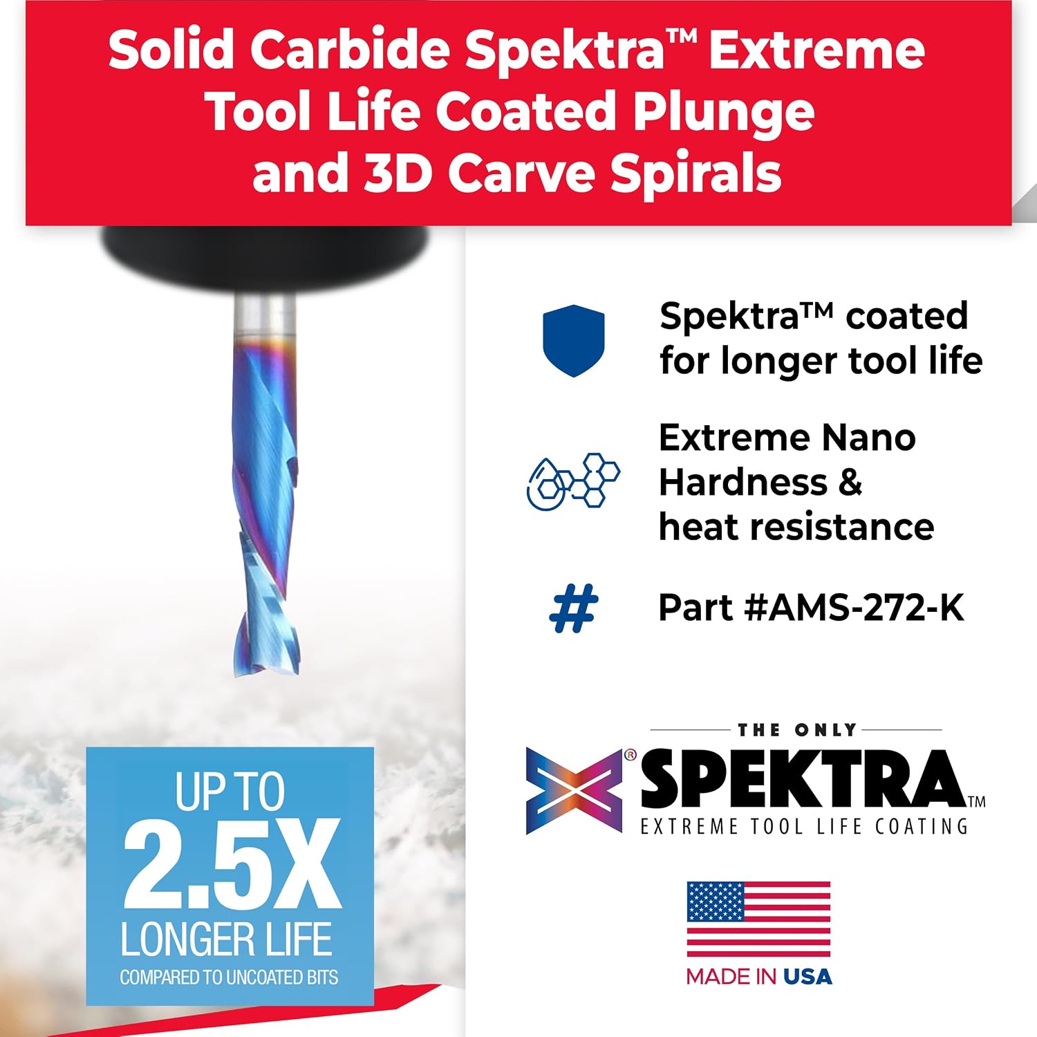 Amana Tool Spektra Extreme Tool Life Coated Solid Carbide General Purpose CNC Spiral Plunge and 3D Carving Router Bit Pack, AMS-272-K 4-Pc, 1/4 Inch Shank