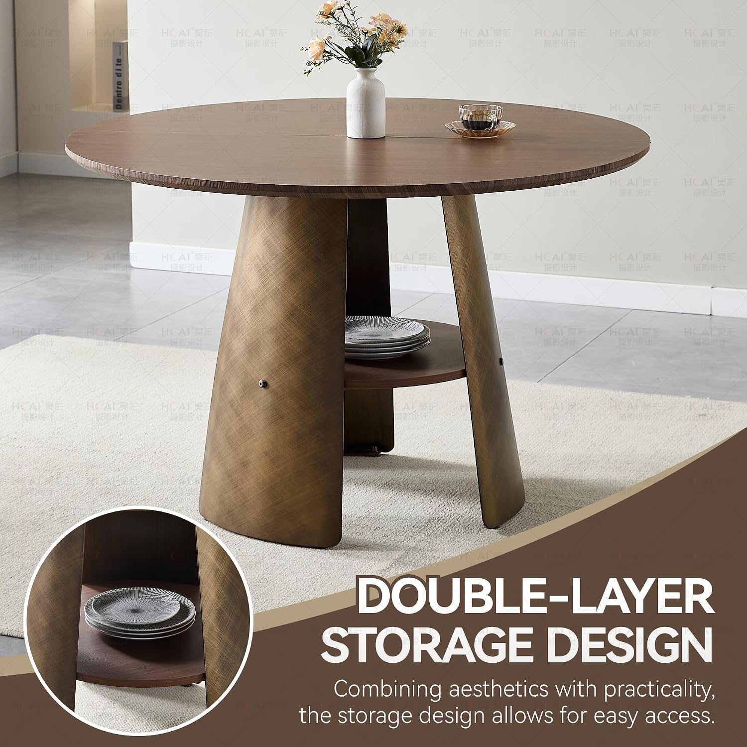 47' Round Dining Table for 4 to 6, Mid Century Modern Dining Table with Brushed Carbon Steel Base & Storage Shelf, Space Saving Kitchen Dining Room Table for Living Room Apartment Small Space, Walnut