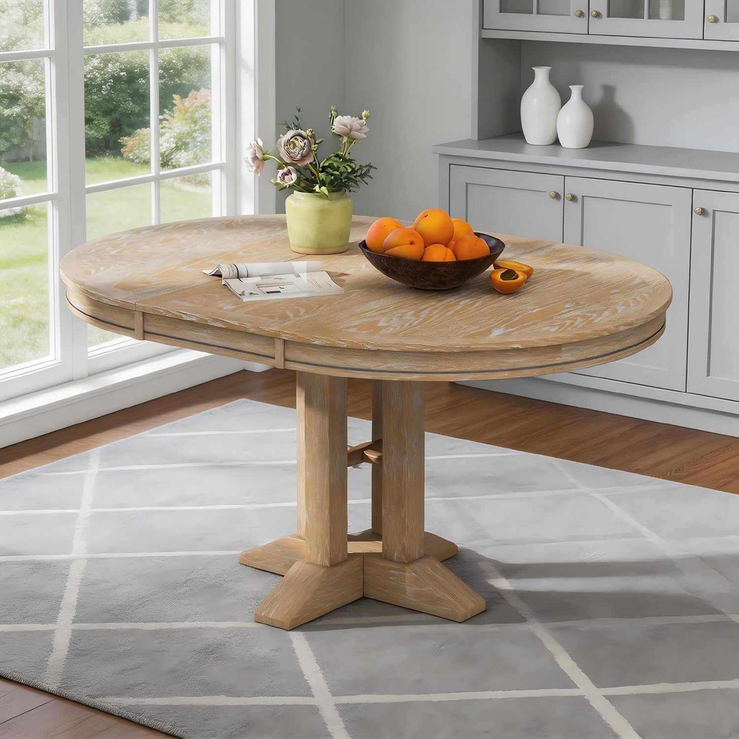 LUMISOL LUMISO Extendable Round Dining Table for 4-8, Solid Wood Expandable Oval Kitchen Table with Removable Leaf, 42'-58'' Dinner Table for Kitchen, Dining Table, Small Space, Natural