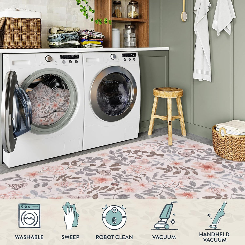 Lahome Reverie 8x10 Fall Floral Area Rugs for Bedroom, Apricot Boho Decor Washable Carpet, Non-Slip Rug for Girls Nursery, Living Room, Dorm, Apartment Decor, Cozy Retreat