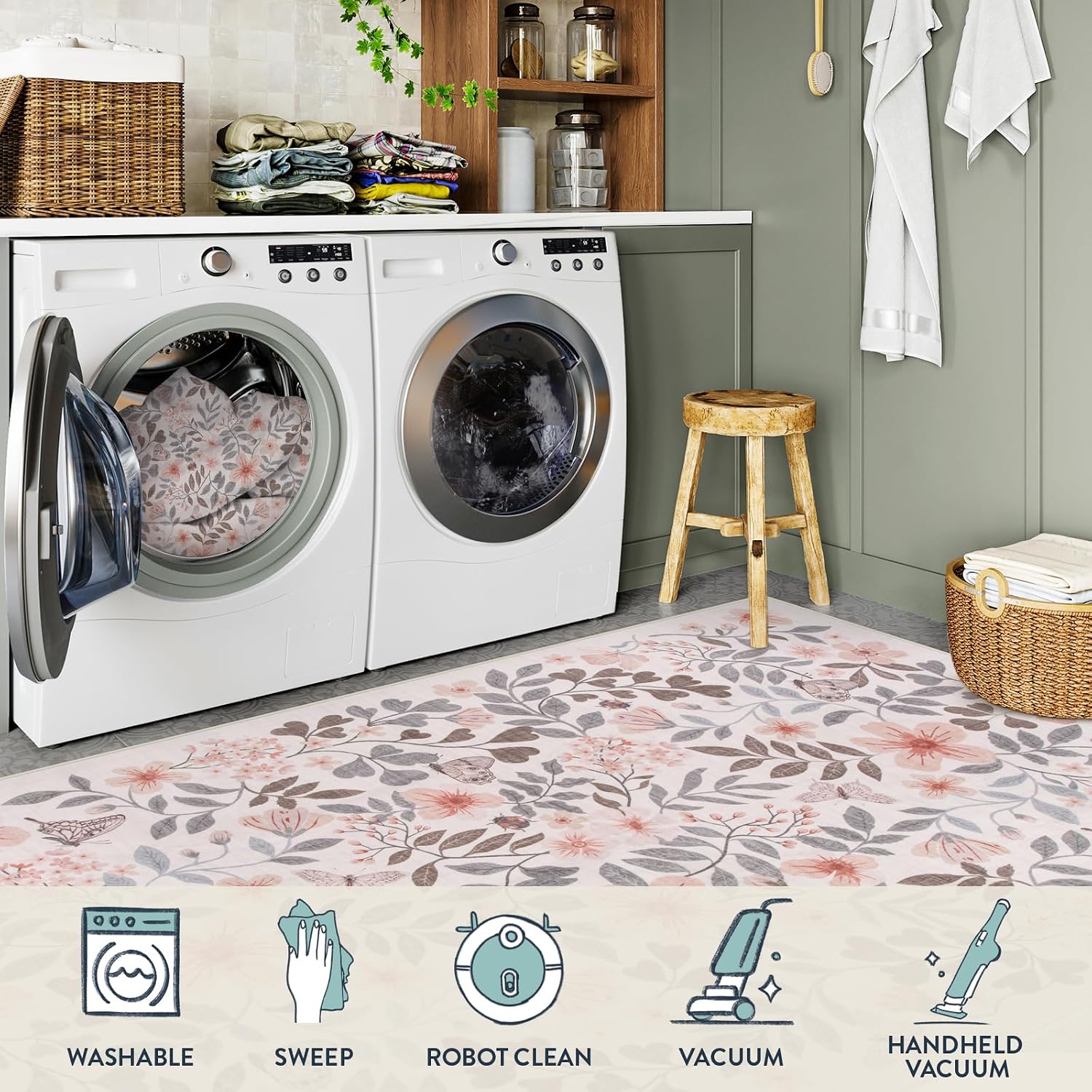 Lahome Reverie 8x10 Fall Floral Area Rugs for Bedroom, Apricot Boho Decor Washable Carpet, Non-Slip Rug for Girls Nursery, Living Room, Dorm, Apartment Decor, Cozy Retreat
