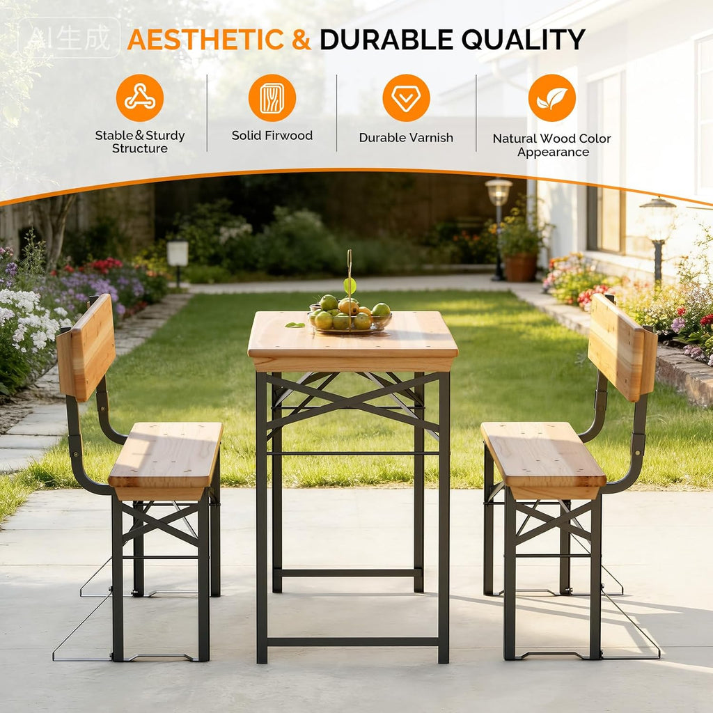 VINGLI 45 Inch Folding Picnic Tables and Chair Set with Backrest Bench, Weather-Resistant Wooden Beer Garden Table Bench, 3-Piece Portable Fold Up Camping BBQ Table,Natural Wood Color