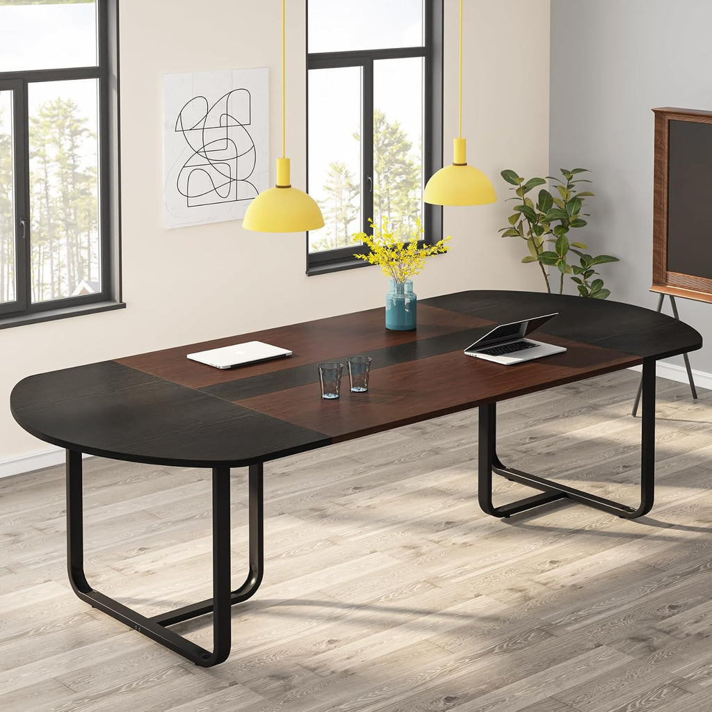Tribesigns 70.86 Inches 6FT Oval Conference Table, Two-Tone Finish Curved Meeting Tables for Office, Large Business Training Seminar Table (Walnut+Black)