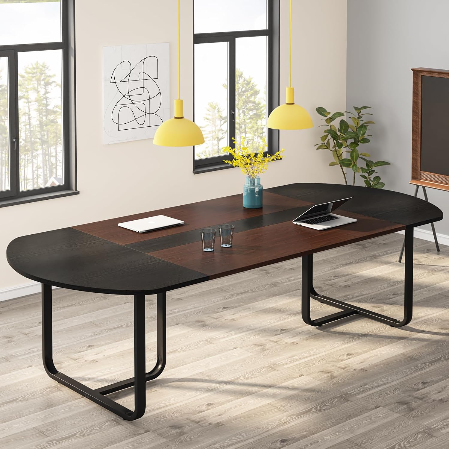 Tribesigns 70.86 Inches 6FT Oval Conference Table, Two-Tone Finish Curved Meeting Tables for Office, Large Business Training Seminar Table (Walnut+Black)