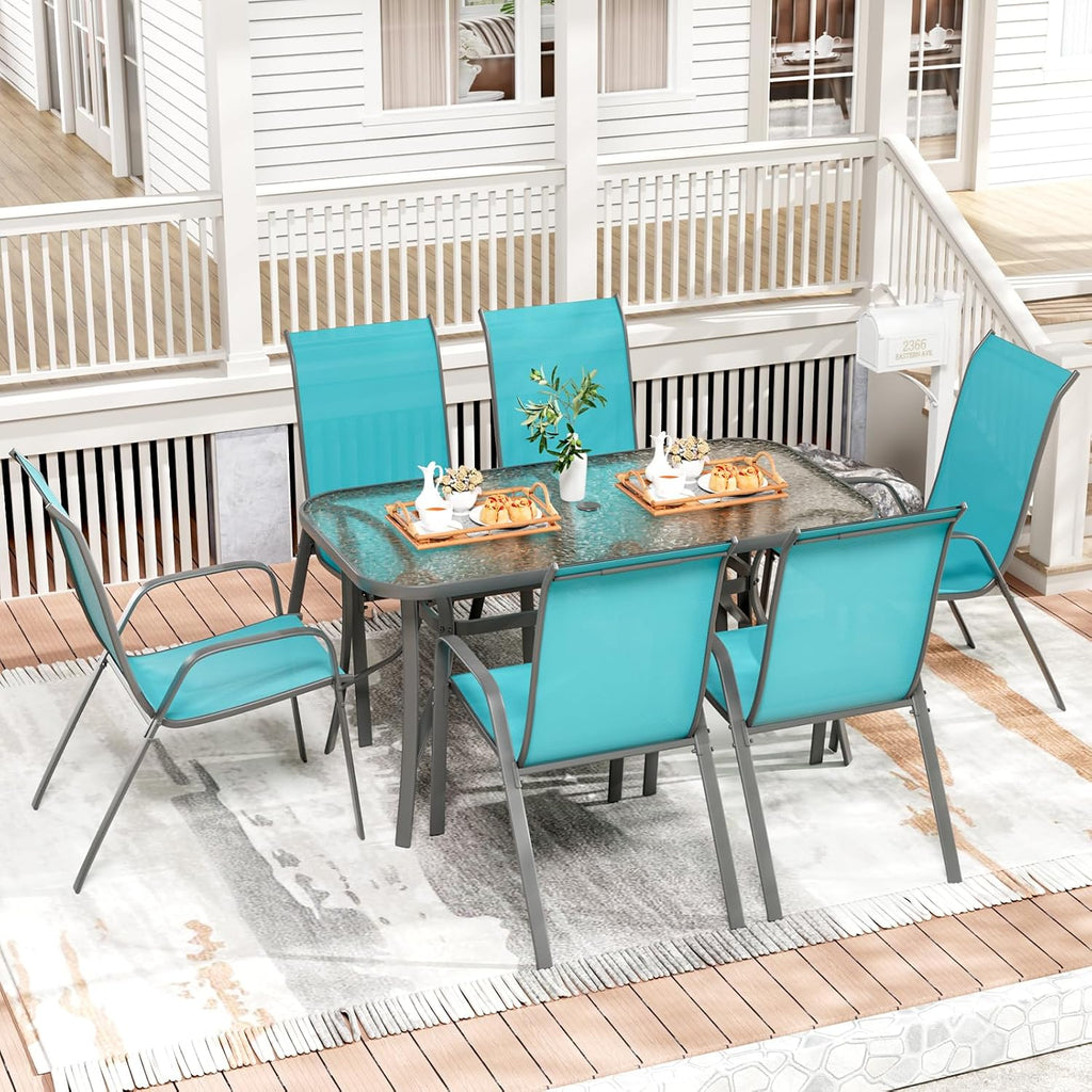 TLSUNNY 7 Pieces Patio Dining Set, Outdoor Table and Chairs W/1.69″ Umbrella Hole, 30'X 55' Table and Stackable Textilene Chair, All Weather Patio Furniture Set (Umbrella not Included)