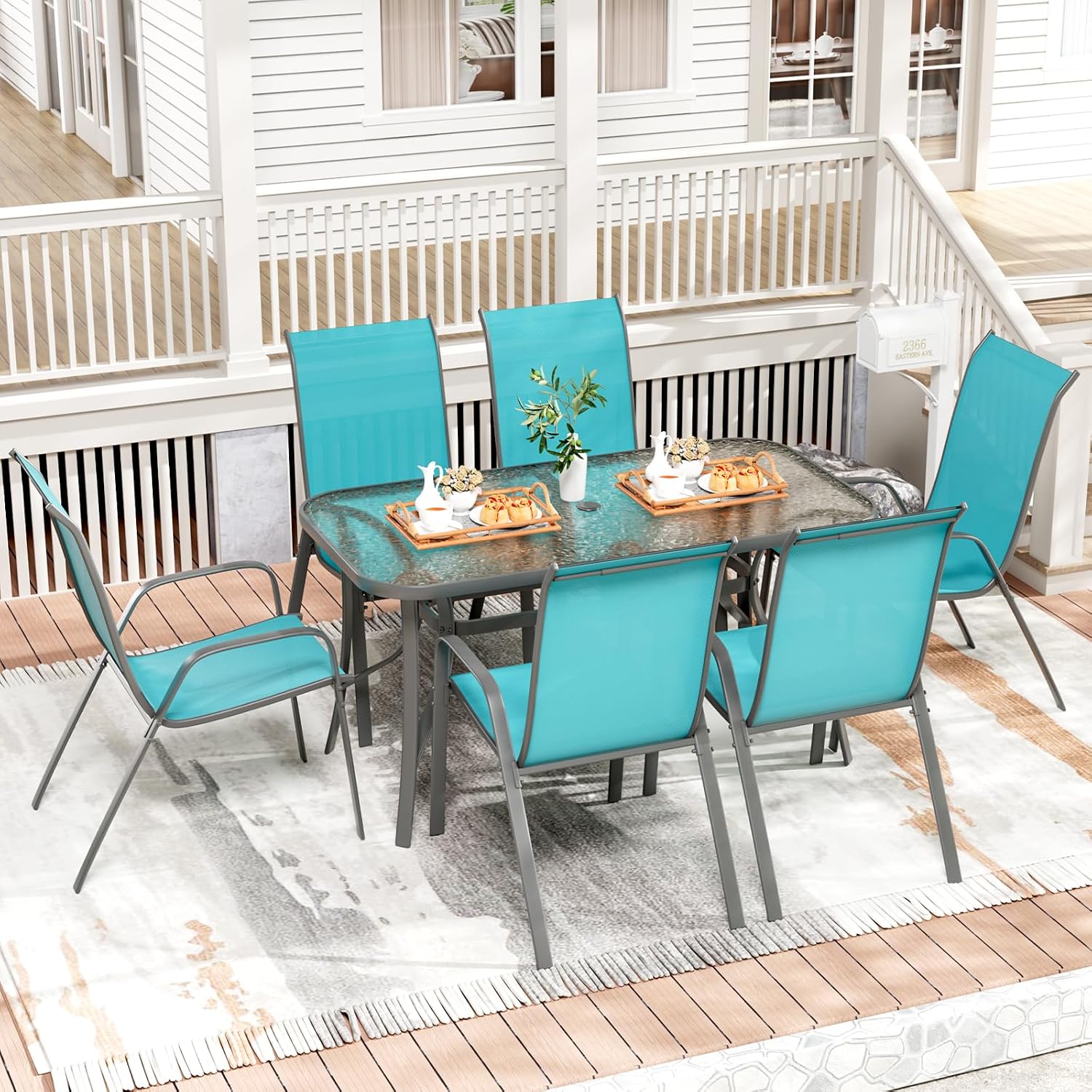 TLSUNNY 7 Pieces Patio Dining Set, Outdoor Table and Chairs W/1.69″ Umbrella Hole, 30'X 55' Table and Stackable Textilene Chair, All Weather Patio Furniture Set (Umbrella not Included)