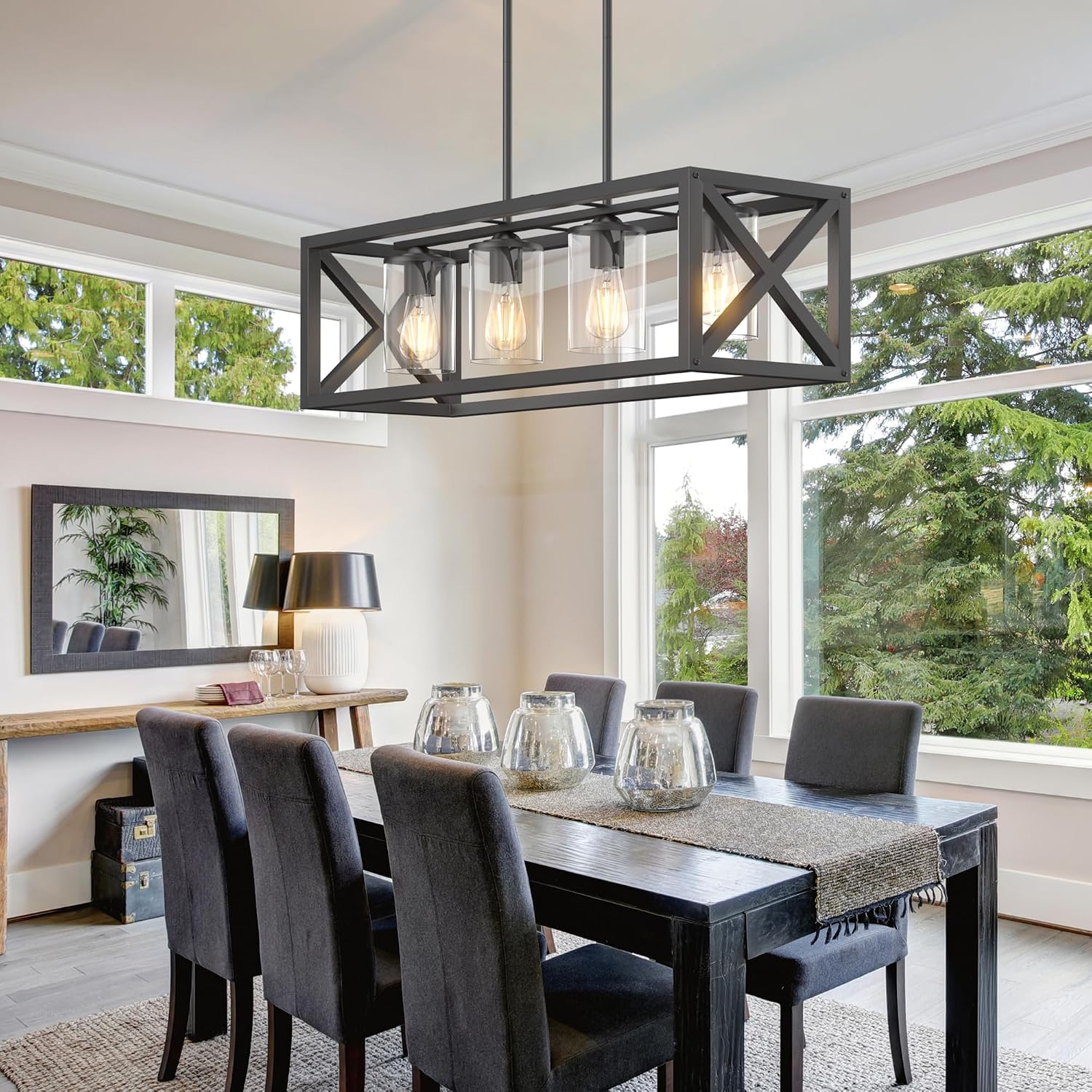Farmhouse Dining Room Light Fixture - 4 Light Kitchen Island Lighting with Adjustable Height & Thickened Metal Dining Room Light Fixture Over Table，Chandeliers for Dining Room&Kitchen Island