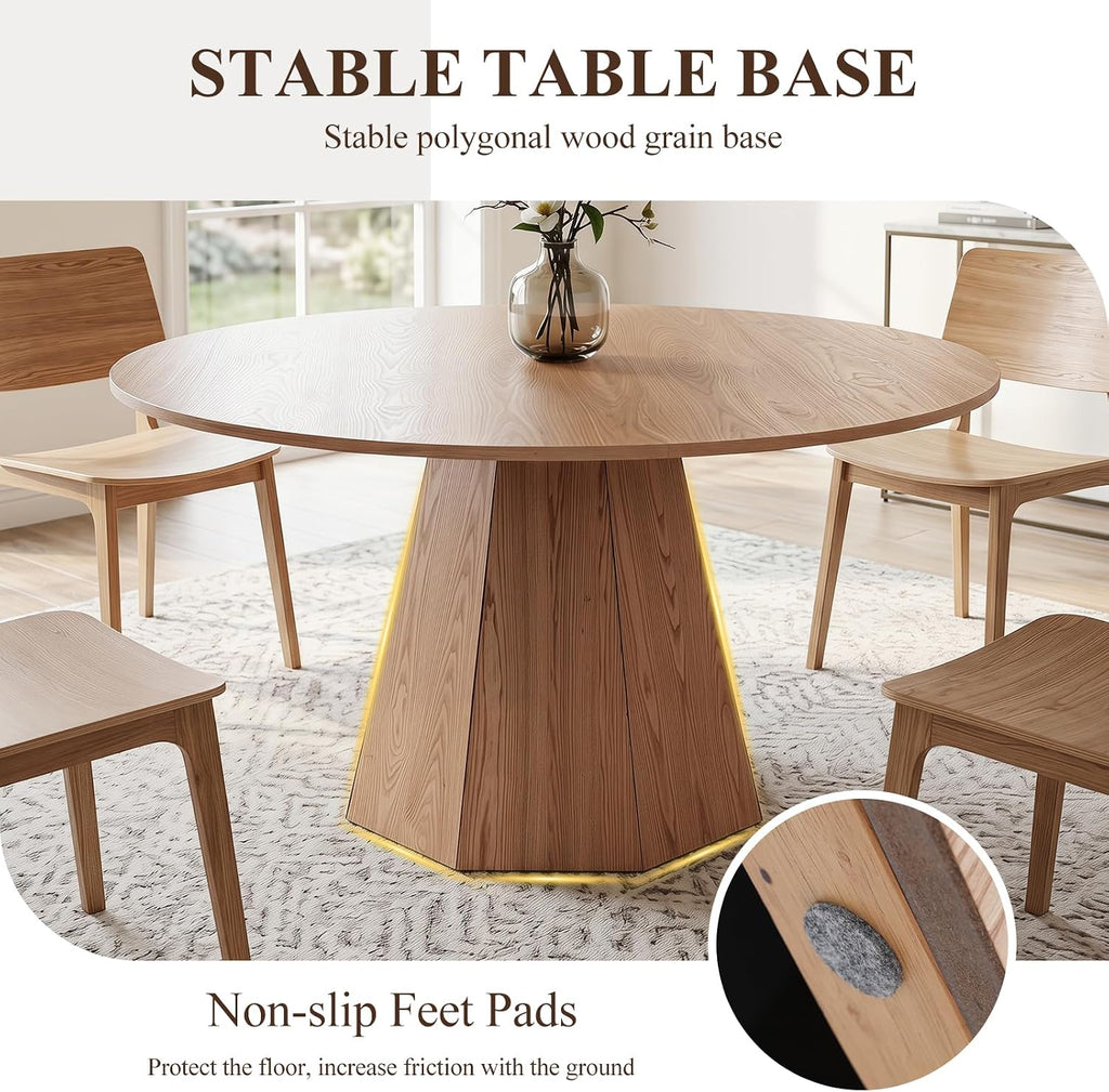 BESTANO 59' Round Dining Table for 4-6 People, Kitchen Dining Room Table with Wooden Pedestal Base, Circle Dinner Pedestal Dining Table for Dining Room (Table Only), Brown
