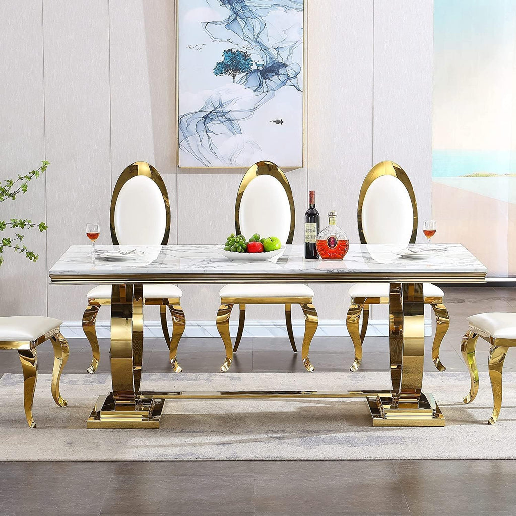 68' White Marble Dining Table for 6-8, Mid Century Modern Dining Table with Faux Marble Top & Gold O Shape Stainless Steel Base, Large Luxury Rectangular Dinner Table for Kitchen Dining Room