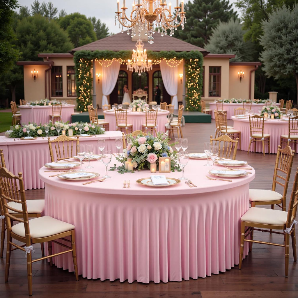 8 Pack Baby Pink Spandex Round Tablecloths for 72 inch Table, Wrinkle Free 132inch Stretchy Fitted 6FT Round Table Cloths Cover with Skirt for Wedding Party Dining Banquet Events