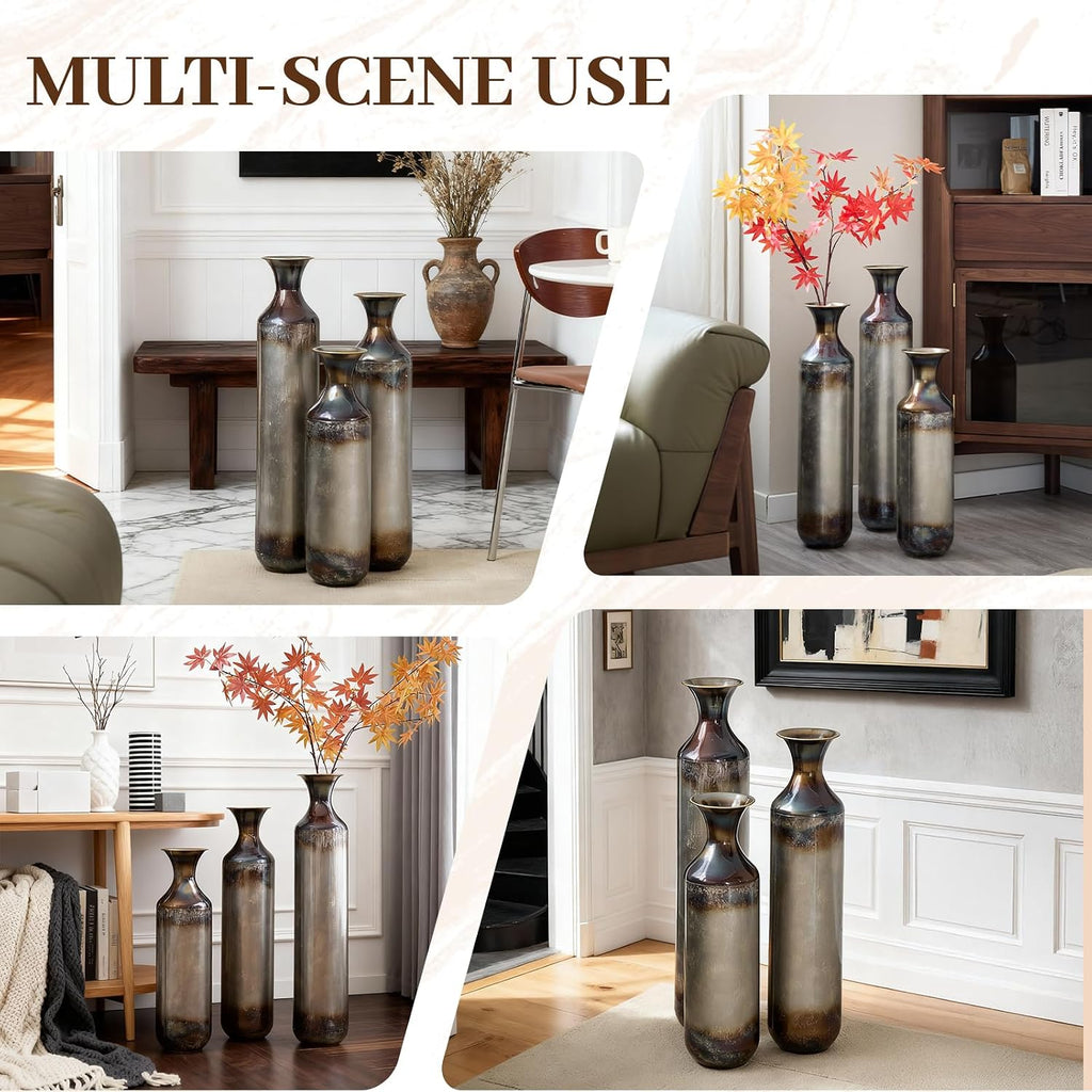 Floor Metal Decorated Vases Set of 3 for Gorgeous Home Decoration Large Glazed Metal Vases (Gold+Metal)