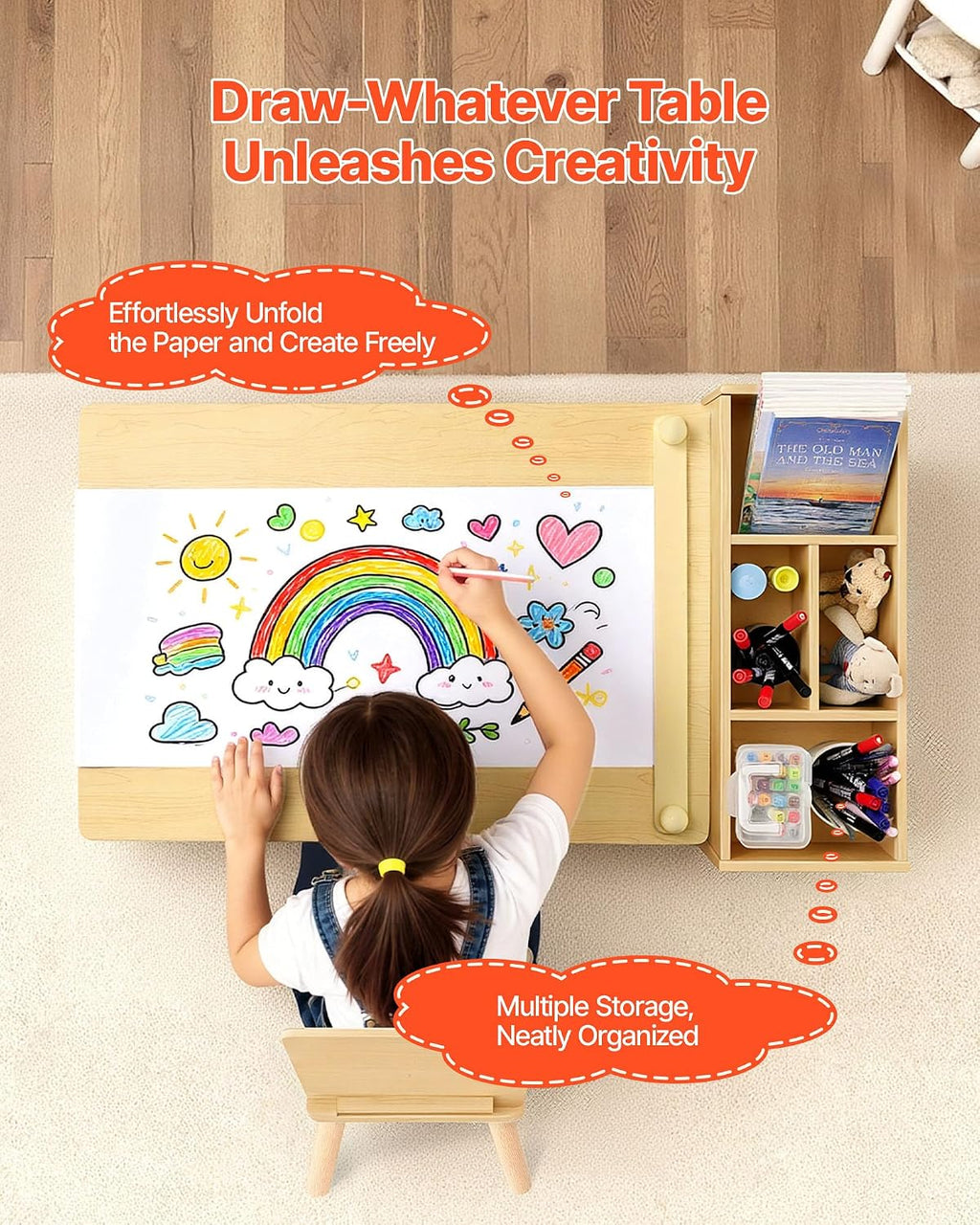 VEVOR Kids Art Table and Chair Set, Toddler Activity Table with Storage, Wood Kids Craft Desk with Paper Roll for Drawing, Reading, Writing, Kid Play Table for Nursery, Playroom, Classroom, Natural
