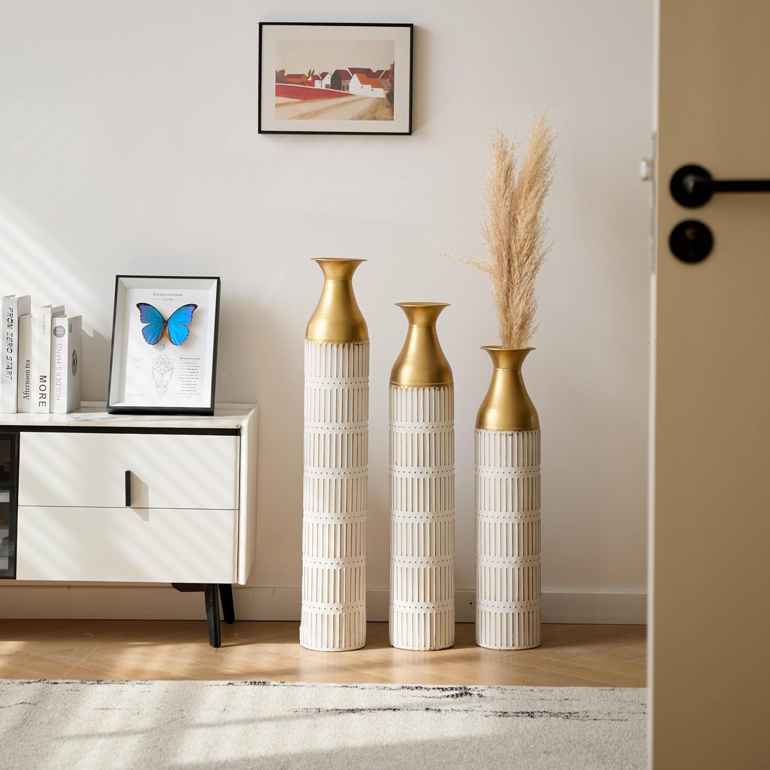 Gold-White Metal Floor Vase Set - 3D Floral Relief Cylinder Vases for Living Room, Entryway & Office Decor, Rustproof Tall Standing Home Décor 24in/28.7in/33.5in