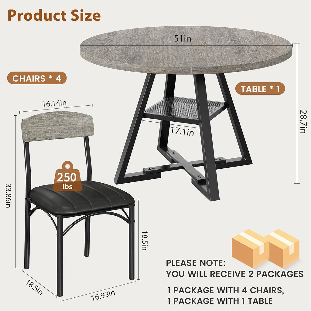 51' Round Dining Table Set for 6, Kitchen Table and Chairs for 4, Circle Table Round Pedestal Dining Room Dinner Dinette Table Set,5 Piece Space Saving Wood Kitchen & Dining Room Tables (Grey, 51In)