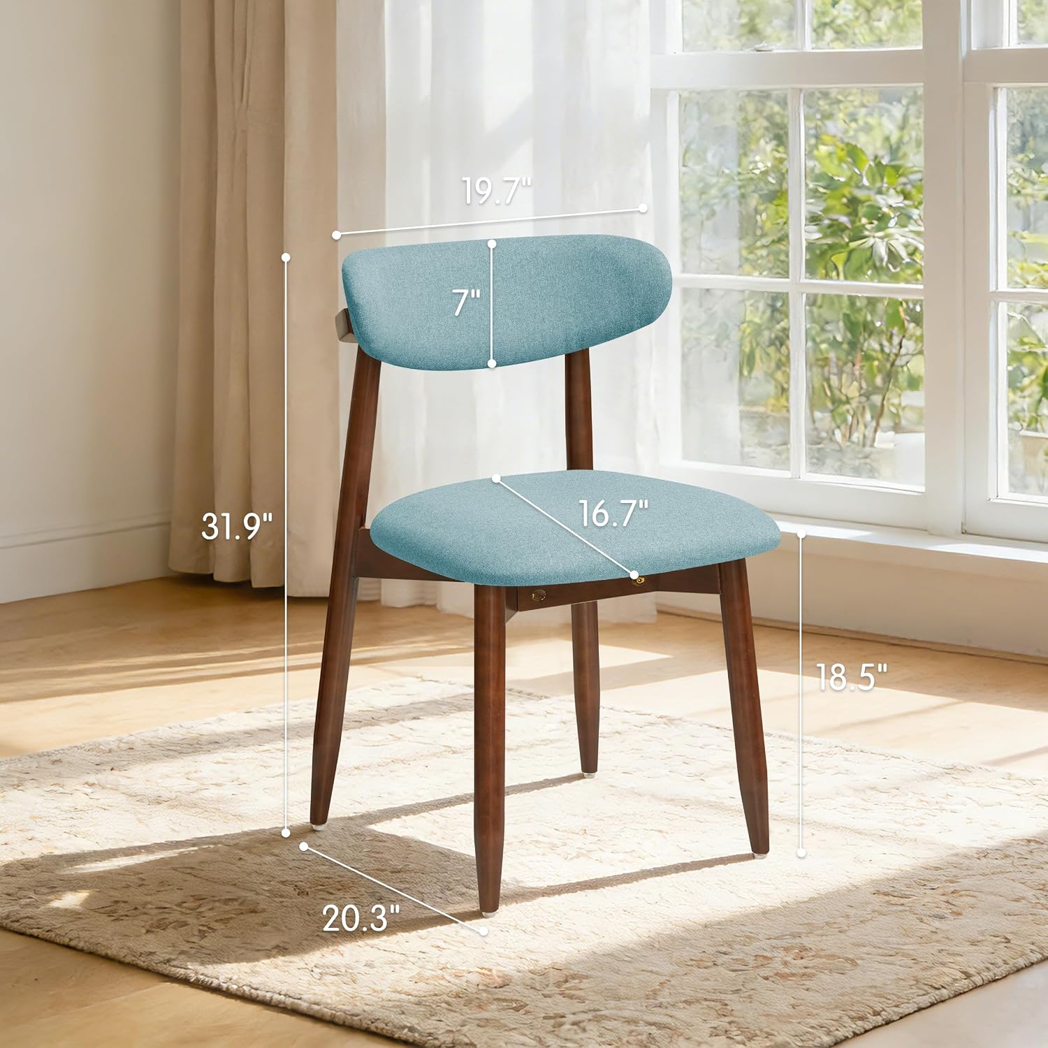 CHUN YI Dining Chairs Set of 4, Upholstered Solid Wood Dining Room Chairs, Mid Century Modern Fabric Kitchen Chairs with Ergonomic Curved Back, Blue (Only Chairs)