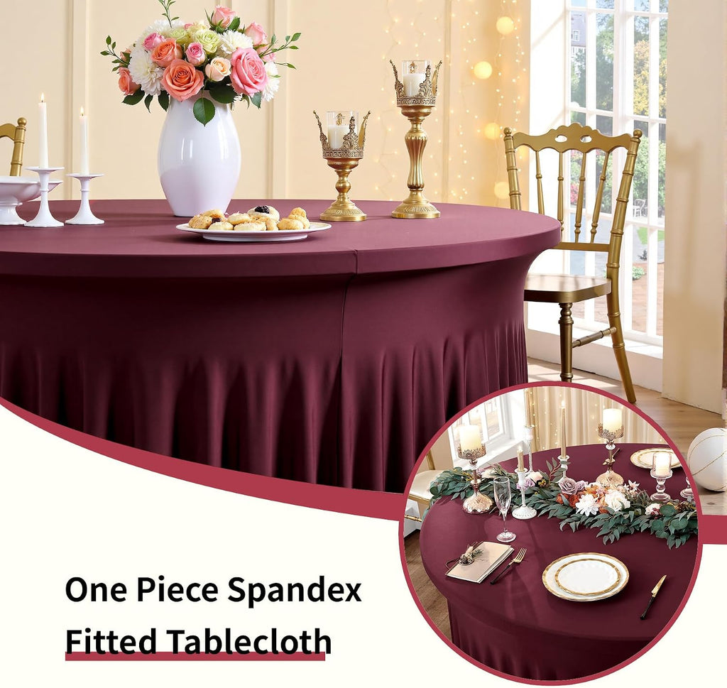 Outpain 6 Pack Spandex Burgundy Round Tablecloths for 60in Tables, 120Inch Stretchy Fitted 5FT Round Table Clothes,Wrinkle Free Table Cover with Skirt for Wedding Party Dining Banquet