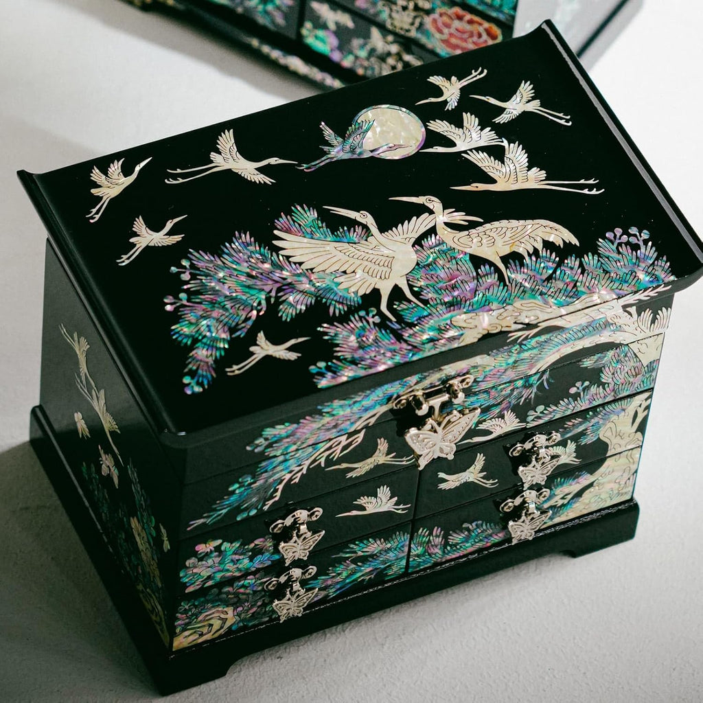February Mountain Mother of Pearl Wooden Jewelry Organizer Box – Jewelry Storage Box for Women, Features Spacious Drawers, Ideal for Rings, Bracelets, Watches, Chains, Accessories (Crane_Black)