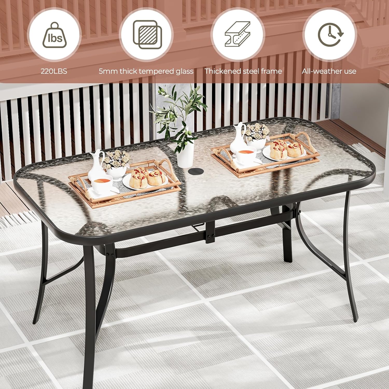 TLSUNNY Patio Outdoor Table W/ 1.69″ Umbrella Hole, 30'X 55' Rectangular Tempered Glass Patio Dining Table for 6, Outdoor Metal Furniture, All-Weather Use, for Patio, Graden, Backyard (Black)
