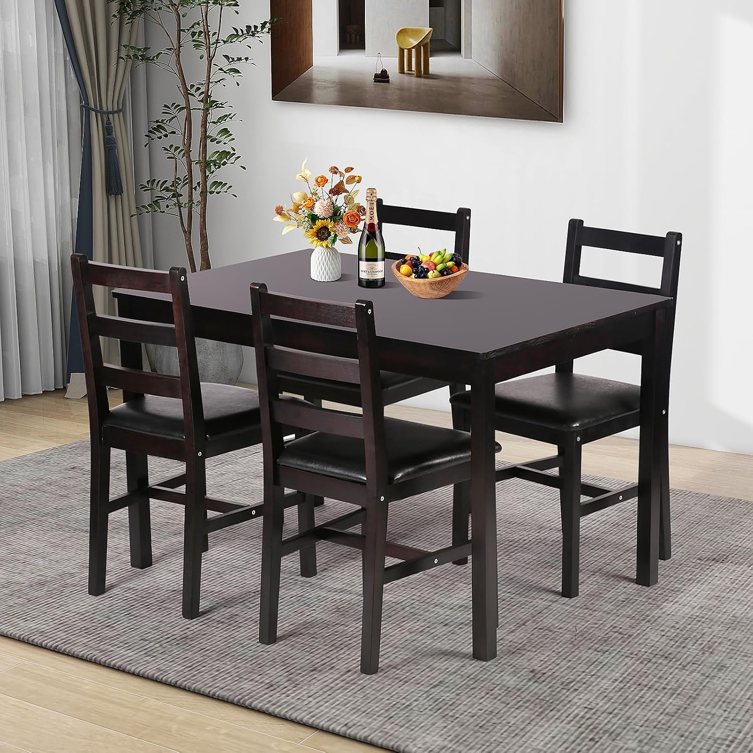 Kitchen Table Set 5 Piece Dining Table Set Sturdy Wooden Square Table and Chair Breakfast Table Set for 4 Person, Small Dining Room Table Set for Restaurant Home Kitchen Living Room, Brown