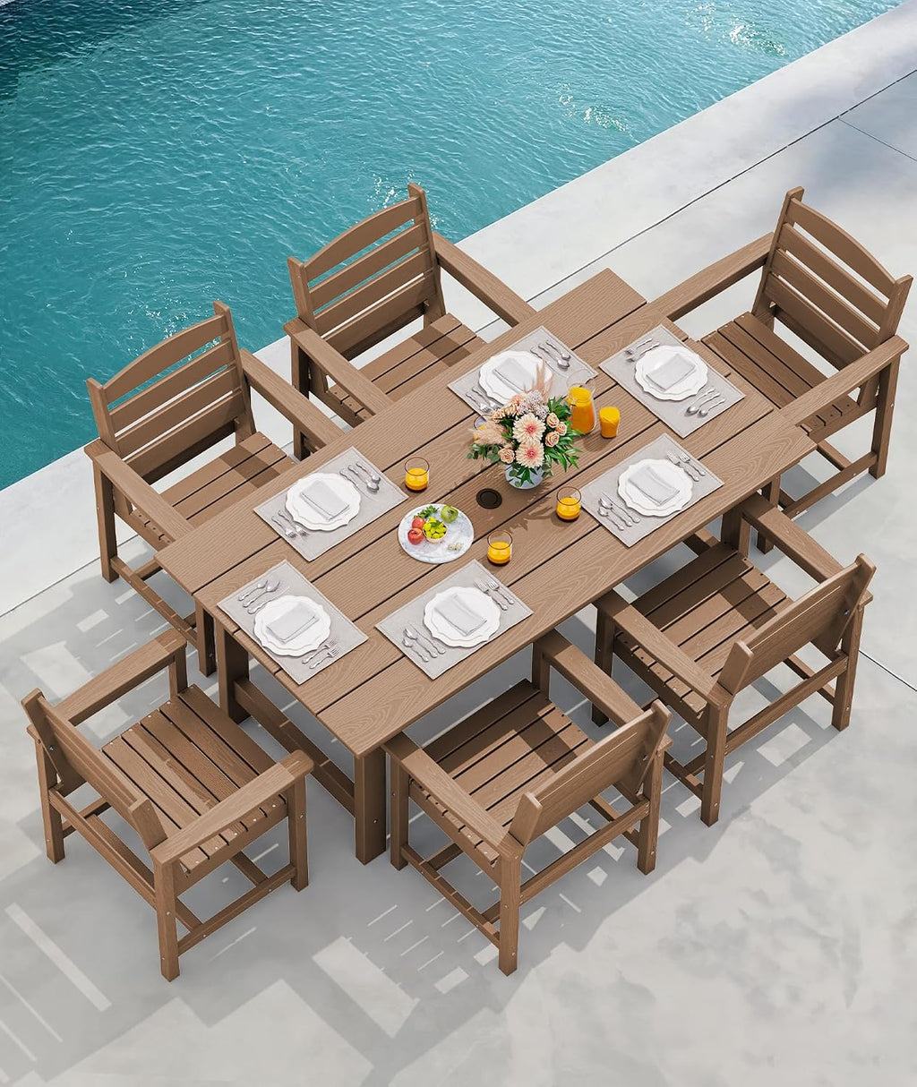SERWALL Outdoor Dining Set for 6, HDPE Furniture with Umbrella Hole & Bench & Chairs, All Weather, Brown