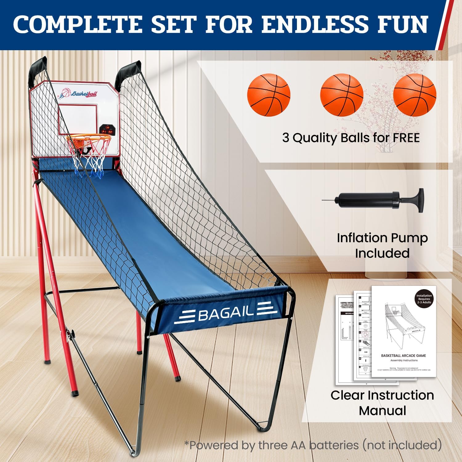 BAGAIL Basketball Arcade Game, Electronic Basketball Shooting Game, Arcade Sounds, Foldable Frame, 3 Balls, Inflation Pump, Ideal Indoor Sport Games - Single Shot