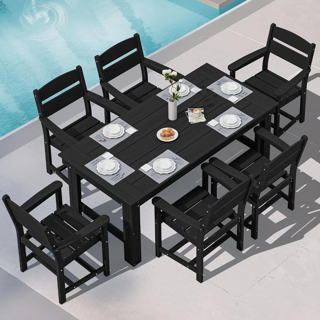 SERWALL Outdoor Dining Table Set, 67'' HDPE Patio Dining Set for 6, Wood-Like All-Weather Outdoor Table and Chairs Set for Lawn, Black