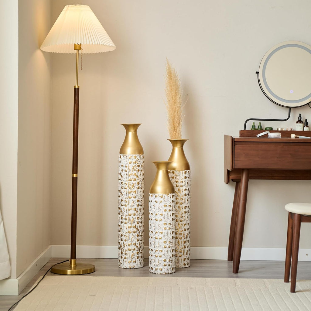 Gilded White 3D Relief Flower Metal Vase Set 24'. 29'. 32. 68 - Floor Vases for Living Room, Entryway & Office Decor, Rustproof Tall Standing Home Décor (Whit and Gold)