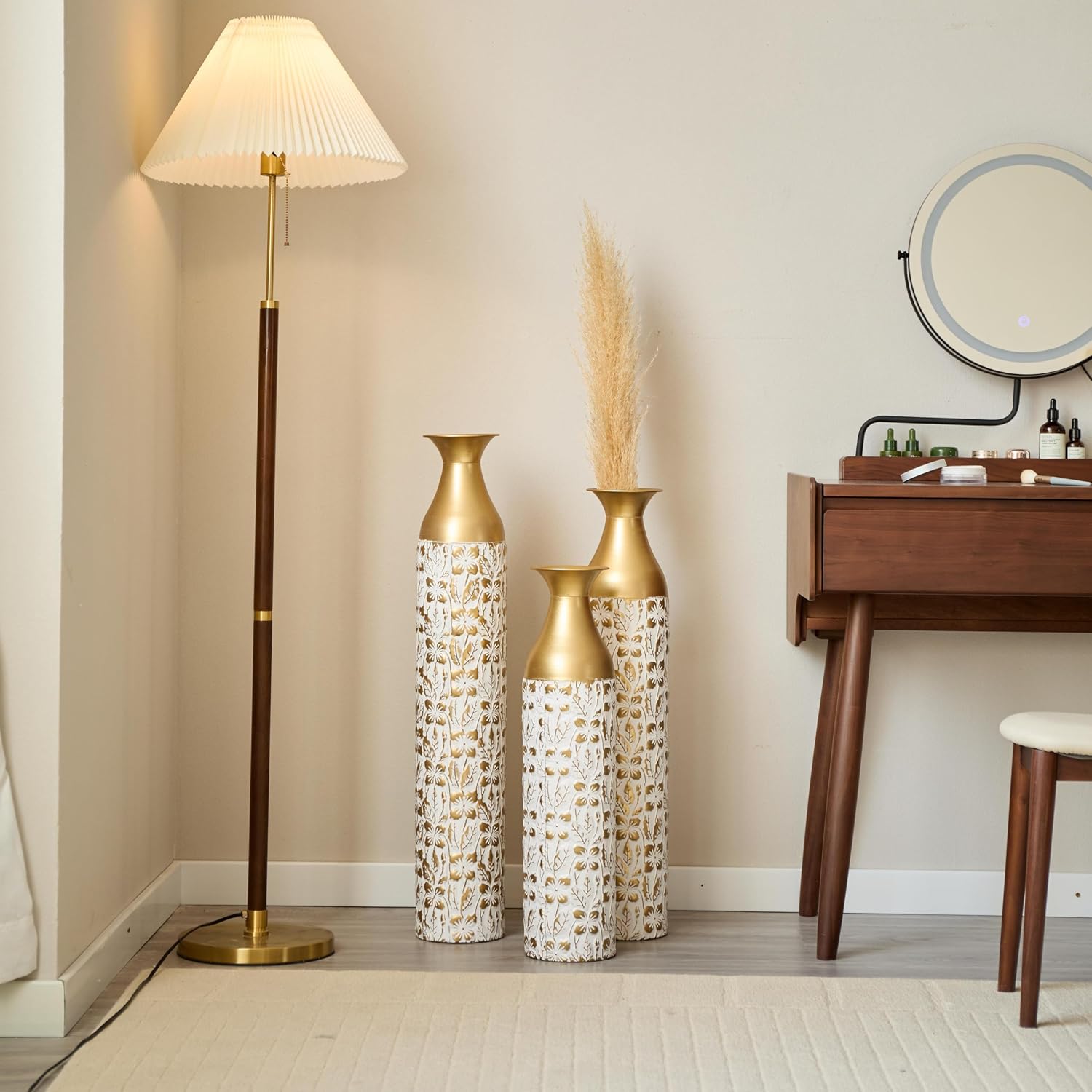 Gilded White 3D Relief Flower Metal Vase Set 24'. 29'. 32. 68 - Floor Vases for Living Room, Entryway & Office Decor, Rustproof Tall Standing Home Décor (Whit and Gold)