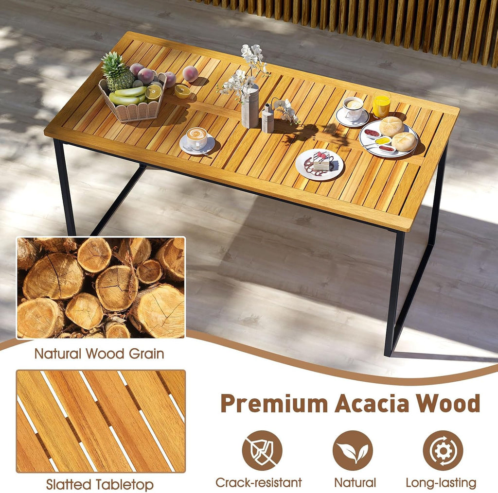 HAPPYGRILL Acacia Wood Patio Dining Table for 6 People, 55 inch Rectangle Patio Table with Slatted Tabletop, Metal Frame & Umbrella Hole, Outdoor Dining Furniture for Yard, Garden, Poolside