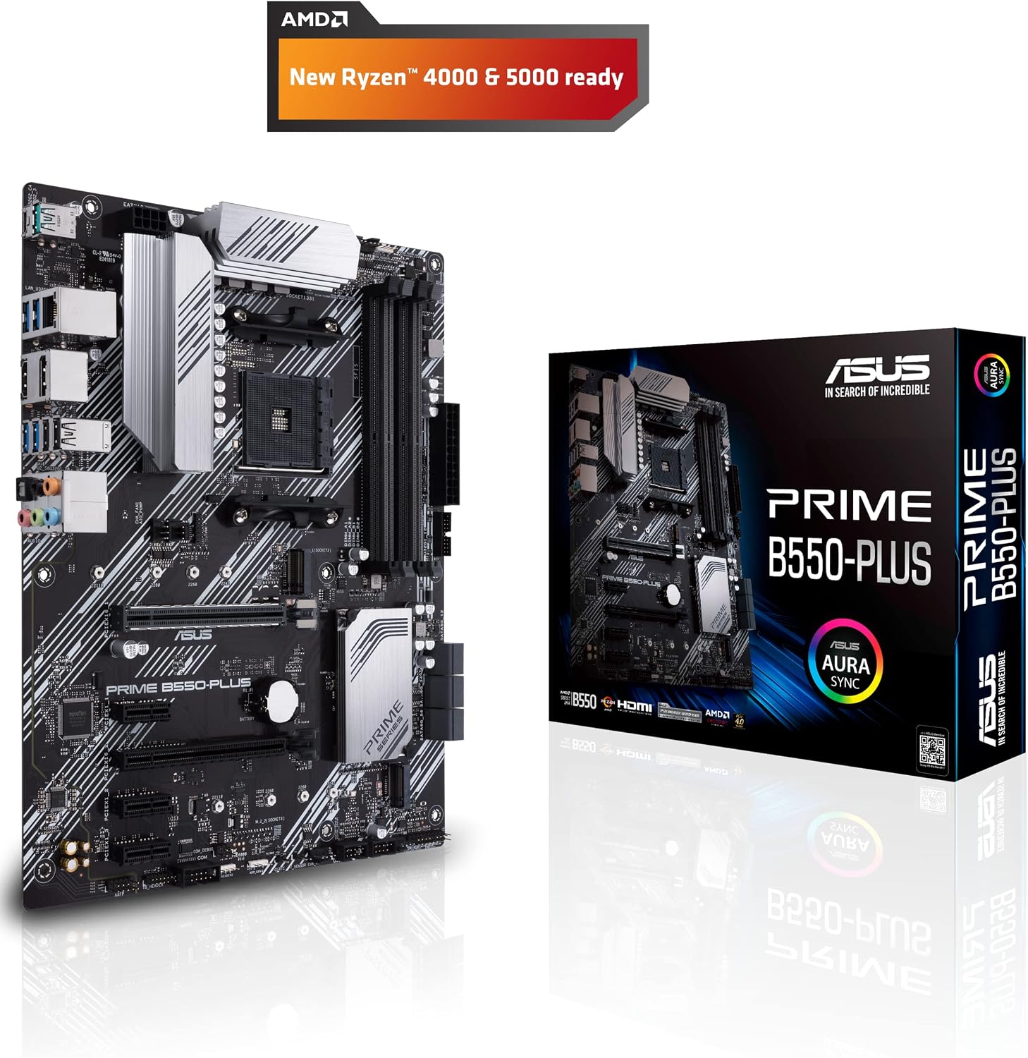 ASUS Prime B550-PLUS AMD AM4 Zen 3 Ryzen 5000 & 3rd Gen Ryzen ATX Motherboard (PCIe 4.0, ECC Memory, 1Gb LAN, HDMI 2.1, DisPlayPort 1.2 (4K@60HZ), Addressable Gen 2 RGB Header and Aura Sync).