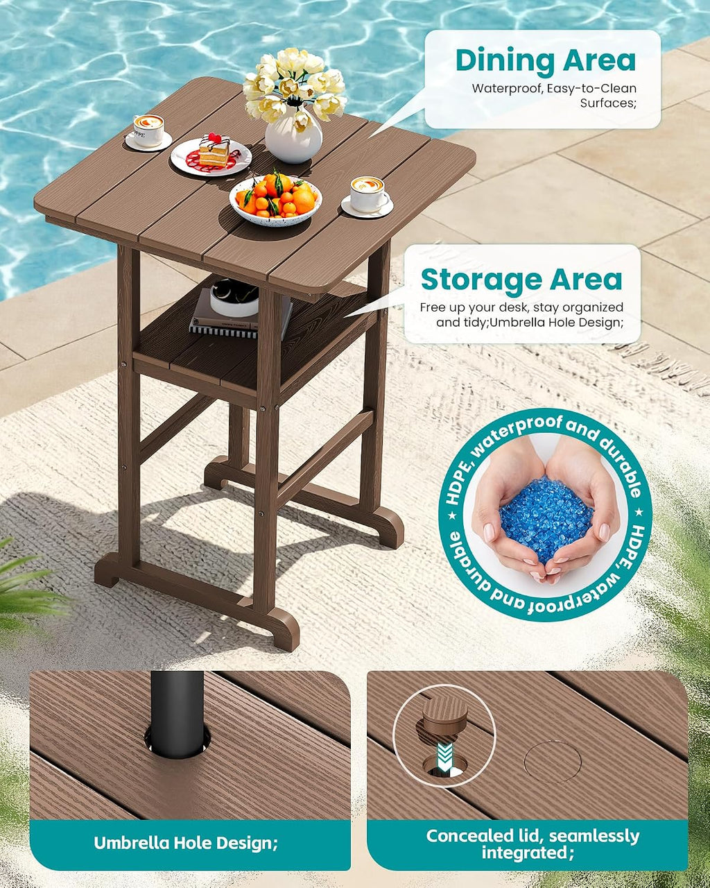 SERWALL Balcony Adirondack Chairs and Table 3 Pieces Set, Oversize Adirondack Bar Height Chairs Set of 2 and Bar Table, Outdoor Bar Stools Set, Brown