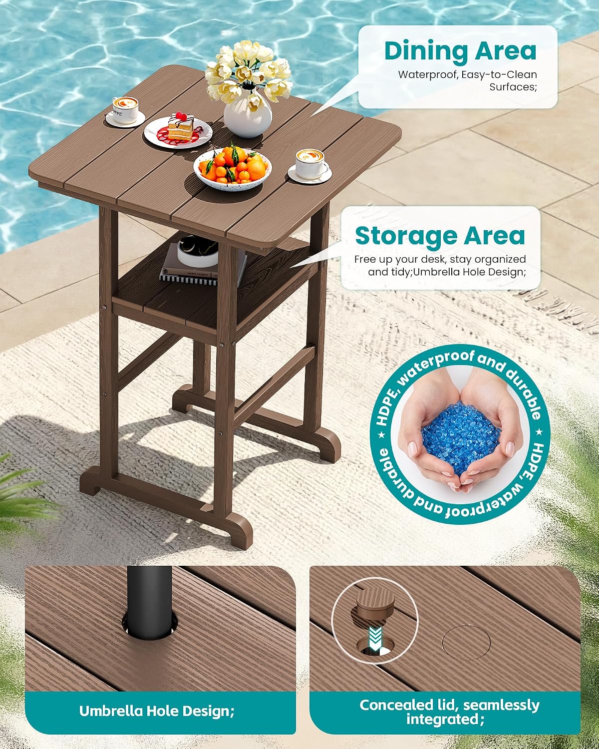 SERWALL Balcony Adirondack Chairs and Table 3 Pieces Set, Oversize Adirondack Bar Height Chairs Set of 2 and Bar Table, Outdoor Bar Stools Set, Brown