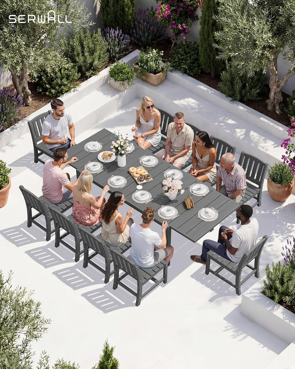 SERWALL 7-Piece Outdoor Dining Set, 60' - 83' Expandable Outdoor Dining Table and 6 HDPE Chairs, All Weather HDPE Outdoor Furniture Set for Backyard, Garden, Grey