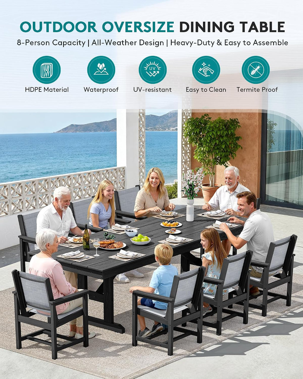 SERWALL Outdoor Dining Chairs Set of 2, All-Weather HDPE Textilene Sling Dining Chair for Backyard, Garden, Black
