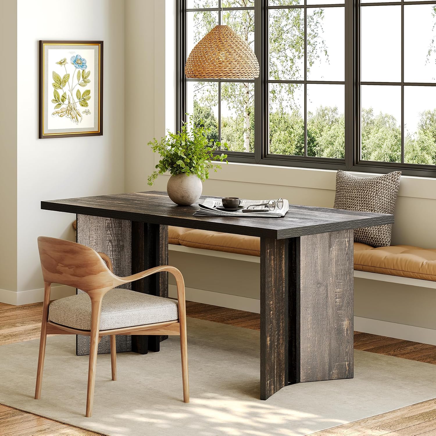 LITTLE TREE Wooden Dining Table Set for 6, 63-Inch Rectangle Kitchen Table, Modern Dinner Table for Home Dining Room, Kitchen Room,Dark Grey