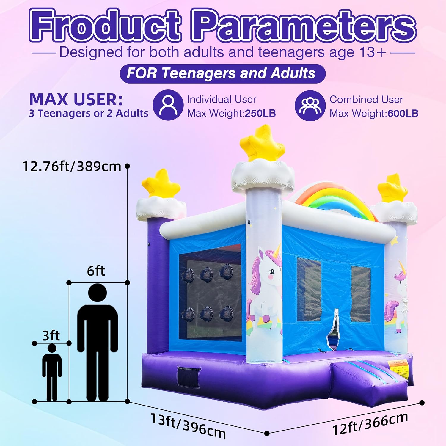 Inflatable Commercial Grade Bounce House: 13FT(L) Large Bouncy Castle for Adults and Teenagers- 750W Blower, Basketball Hoop, Premium PVC, Rainbow Style - for Backyard Outdoor Indoor