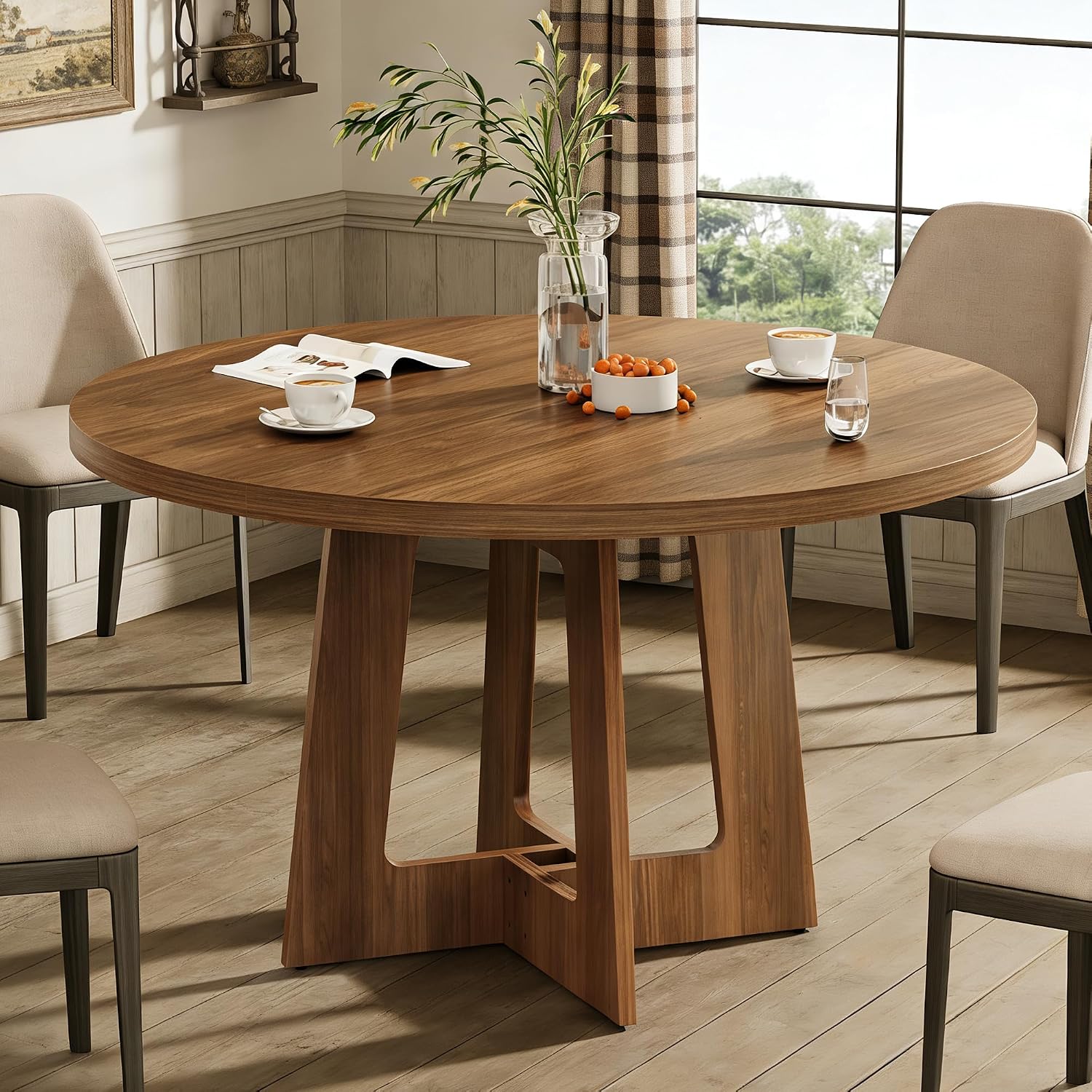 Round Dining Table for 4, Wooden Dining Room Table, Circle Kitchen Table for Home Dining Room Kitchen Living Room (Walnut Brown)